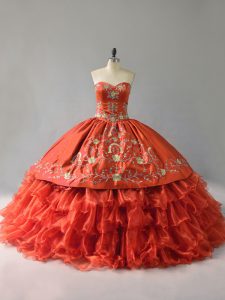 Orange Red Ball Gowns Sweetheart Sleeveless Satin and Organza Floor Length Lace Up Embroidery and Ruffles Quinceanera Dresses