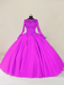 Enchanting Ball Gowns 15th Birthday Dress Purple Scalloped Tulle Long Sleeves Floor Length Zipper