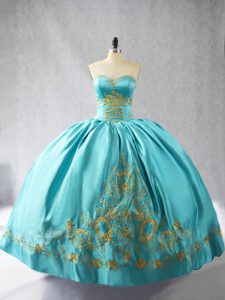 Super Sleeveless Floor Length Embroidery Lace Up Sweet 16 Quinceanera Dress with Aqua Blue