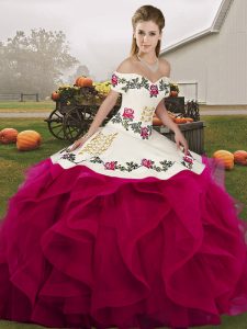 Cute Fuchsia 15th Birthday Dress Military Ball and Sweet 16 and Quinceanera with Embroidery and Ruffles Off The Shoulder Sleeveless Lace Up