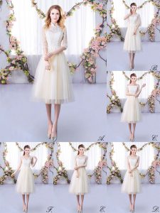 Spectacular Champagne Tulle Lace Up High-neck Half Sleeves Tea Length Vestidos de Damas Lace