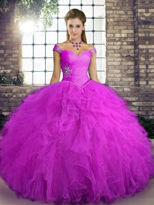Fuchsia Tulle Lace Up Quinceanera Gown Sleeveless Floor Length Beading and Ruffles