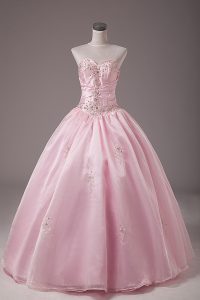 Perfect Strapless Sleeveless Lace Up Sweet 16 Dresses Baby Pink Organza