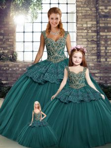 Green Tulle Lace Up Straps Sleeveless Floor Length Quinceanera Dresses Beading and Appliques