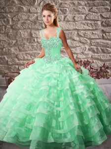 Suitable Apple Green Ball Gowns Organza Straps Sleeveless Beading and Ruffled Layers Lace Up Quinceanera Gowns Court Train