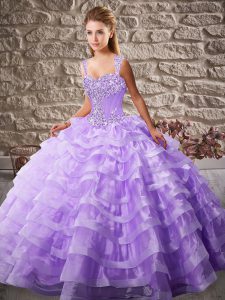 Lavender Lace Up 15 Quinceanera Dress Beading and Ruffled Layers Sleeveless Court Train
