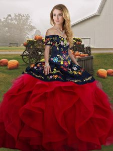 Glamorous Red And Black Tulle Lace Up Quinceanera Dresses Sleeveless Floor Length Embroidery and Ruffles