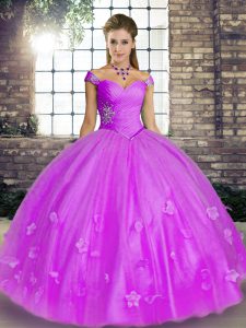 Lavender Ball Gowns Off The Shoulder Sleeveless Tulle Floor Length Lace Up Beading and Appliques Quinceanera Gown