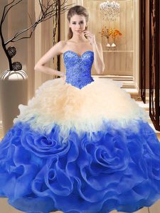 Chic Multi-color Ball Gowns Sweetheart Sleeveless Fabric With Rolling Flowers Floor Length Lace Up Beading and Ruffles Ball Gown Prom Dress