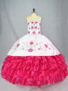 Hot Pink Ball Gowns Embroidery and Ruffled Layers Quinceanera Dresses Lace Up Satin and Organza Sleeveless