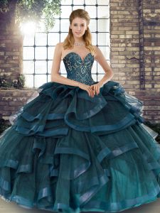 Teal Ball Gowns Tulle Sweetheart Sleeveless Beading and Ruffles Floor Length Lace Up Sweet 16 Quinceanera Dress