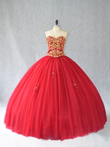 Custom Fit Red Tulle Lace Up Sweetheart Sleeveless Sweet 16 Quinceanera Dress Brush Train Beading
