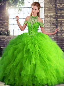 Green Tulle Lace Up Halter Top Sleeveless Floor Length Sweet 16 Dress Beading and Ruffles