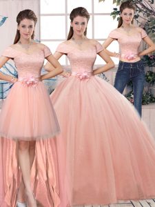 Attractive Off The Shoulder Short Sleeves Sweet 16 Dress Floor Length Lace and Hand Made Flower Pink Tulle