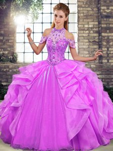 Attractive Lilac Sleeveless Beading and Ruffles Floor Length Ball Gown Prom Dress