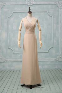 Captivating Floor Length Backless Prom Party Dress Champagne for Prom and Party and Military Ball with Ruching