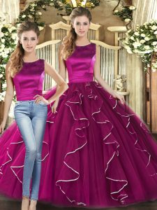 Customized Fuchsia Lace Up Scoop Ruffles Sweet 16 Quinceanera Dress Tulle Sleeveless