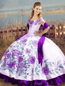 Super White And Purple Satin Lace Up Quinceanera Dress Sleeveless Floor Length Embroidery and Ruffles