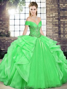 Exceptional Green Ball Gowns Off The Shoulder Sleeveless Organza Floor Length Lace Up Beading and Ruffles Sweet 16 Dress