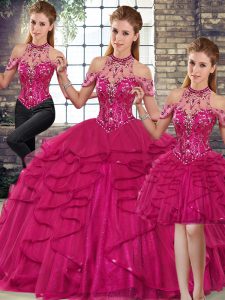Fuchsia Three Pieces Beading and Ruffles 15 Quinceanera Dress Lace Up Tulle Sleeveless Floor Length