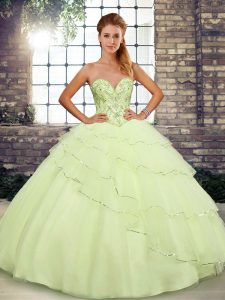 Yellow Ball Gowns Tulle Sweetheart Sleeveless Beading and Ruffled Layers Lace Up Quinceanera Gown Brush Train