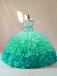 Dramatic Sleeveless Lace Up Floor Length Beading and Ruffles Quinceanera Gown