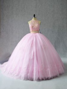 Baby Pink Halter Top Zipper Beading and Appliques Quince Ball Gowns Court Train Sleeveless