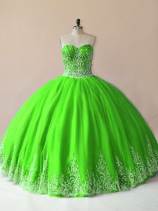 Ideal Sweetheart Sleeveless Quinceanera Gown Floor Length Embroidery Tulle