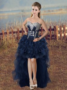 Wonderful Navy Blue Lace Up Sweetheart Beading and Ruffled Layers Dress for Prom Organza Sleeveless