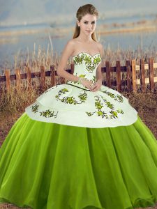 Tulle Sweetheart Sleeveless Lace Up Embroidery and Bowknot Quinceanera Dress in Olive Green