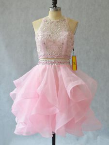 Trendy Mini Length Backless Going Out Dresses Baby Pink for Prom and Party with Beading and Ruffles