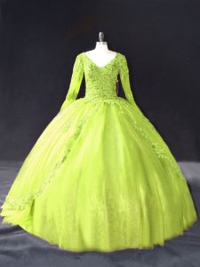 Beautiful Ball Gowns Vestidos de Quinceanera Yellow Green V-neck Tulle Long Sleeves Floor Length Lace Up