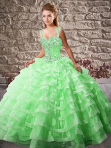 Lace Up Sweet 16 Dresses Green for Sweet 16 and Quinceanera with Beading and Ruffled Layers Court Train