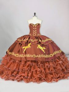 Clearance Brown Ball Gowns Embroidery and Ruffled Layers Sweet 16 Dress Lace Up Satin and Organza Sleeveless