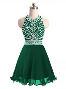 Green A-line Halter Top Sleeveless Chiffon Mini Length Lace Up Beading Prom Dresses