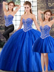 Nice Blue Sweet 16 Dresses Tulle Brush Train Sleeveless Beading