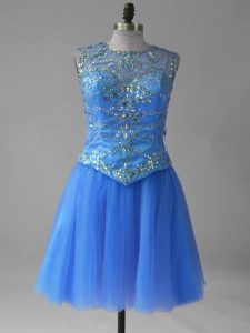 Popular Beading and Sequins Prom Dresses Blue Lace Up Sleeveless Mini Length