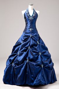 Royal Blue 15 Quinceanera Dress Sweet 16 and Quinceanera with Appliques and Pick Ups Halter Top Sleeveless Lace Up