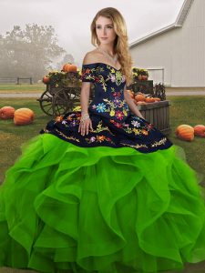 Green Ball Gowns Tulle Off The Shoulder Sleeveless Embroidery and Ruffles Floor Length Lace Up Sweet 16 Dress