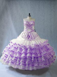 Floor Length White And Purple 15 Quinceanera Dress Organza Sleeveless Embroidery and Ruffled Layers and Bowknot