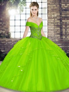 Tulle Lace Up Off The Shoulder Sleeveless Floor Length Ball Gown Prom Dress Beading and Ruffles