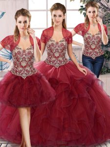 Best Burgundy Tulle Lace Up Quinceanera Dresses Sleeveless Floor Length Beading and Ruffles