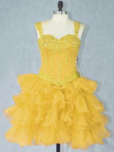 Hot Sale Gold Ball Gowns Organza Straps Sleeveless Beading and Ruffled Layers Mini Length Lace Up Prom Party Dress