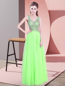 Inexpensive Yellow Green Empire Tulle V-neck Sleeveless Beading Floor Length Zipper Prom Dress