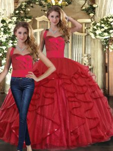 Excellent Red Two Pieces Ruffles 15th Birthday Dress Lace Up Tulle Sleeveless Floor Length