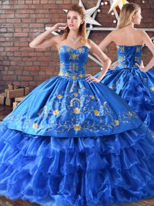 Blue Ball Gowns Sleeveless Satin and Organza Floor Length Embroidery 15 Quinceanera Dress