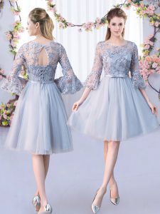 Top Selling Tulle Scoop 3 4 Length Sleeve Lace Up Lace and Belt Damas Dress in Grey