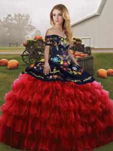 Shining Floor Length Red And Black Quinceanera Gown Organza Sleeveless Embroidery and Ruffled Layers