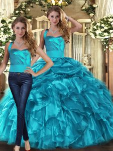 Lovely Organza Halter Top Sleeveless Lace Up Ruffles and Pick Ups Quinceanera Dresses in Teal