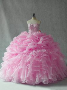Strapless Sleeveless Brush Train Lace Up Ball Gown Prom Dress Baby Pink Organza